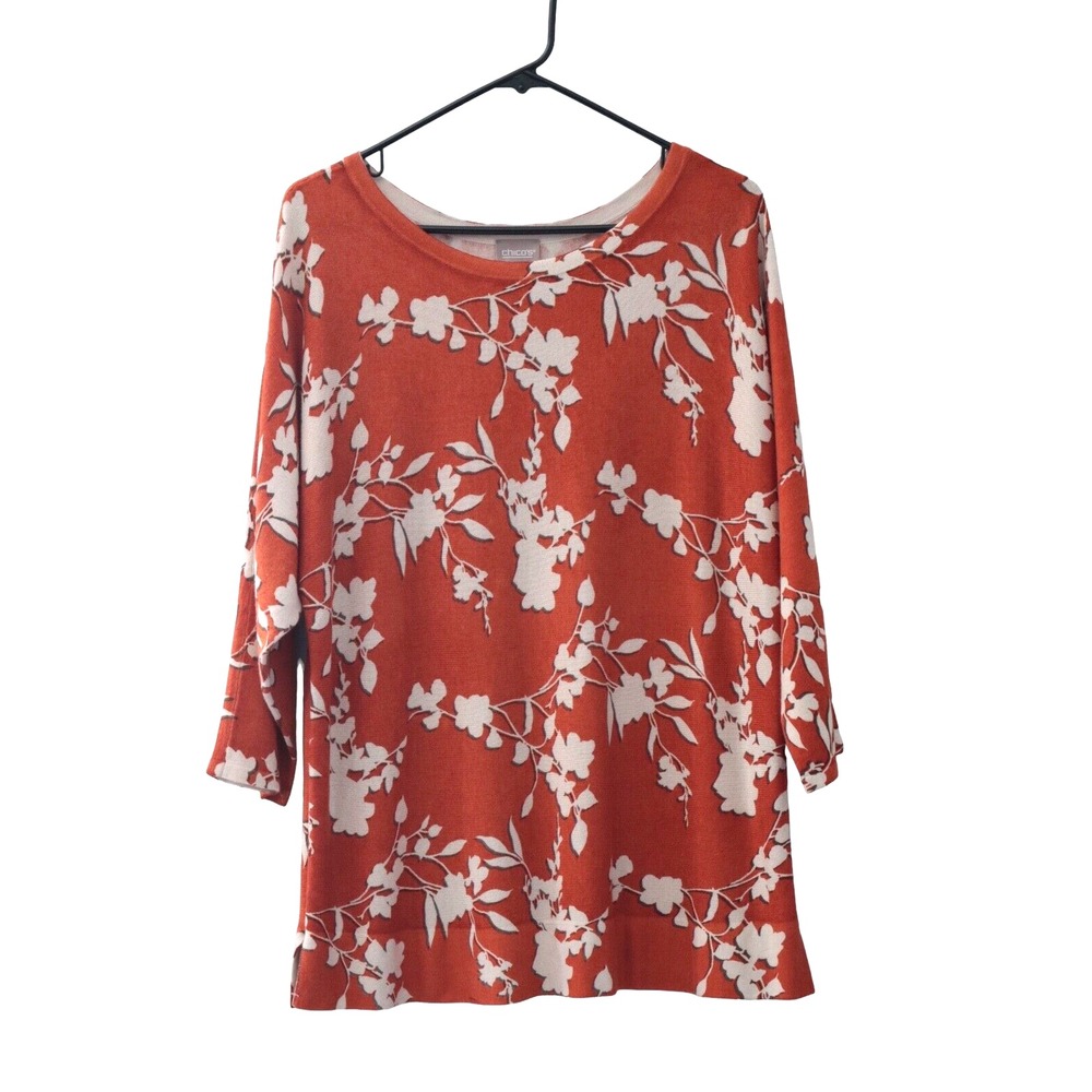 Chico's Women Floral Orange Autumn Long Sleeve Shirt Sz 2 Office Flower Top